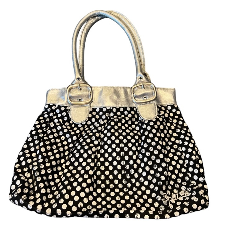 Split black and white polka dot with silver straps shoulder bag